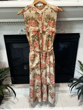Equipment 100% Silk Sleeveless Floral Maxi Dress in Beige and Coral